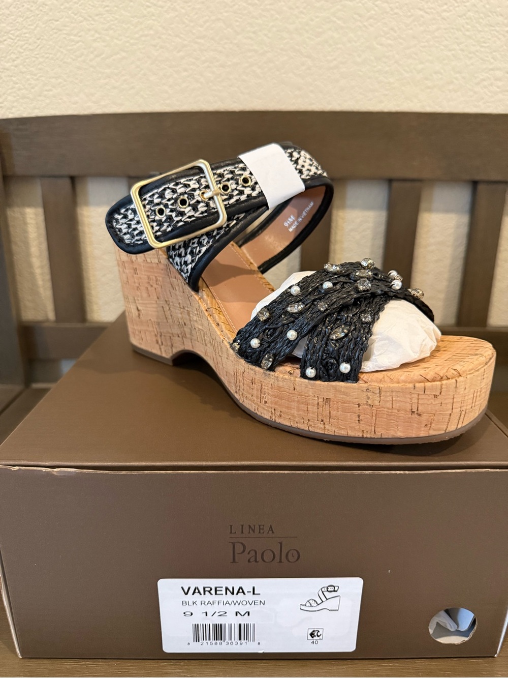 Paolo Black Raffia Woven Cork Platform Wedge with Pearl Accents